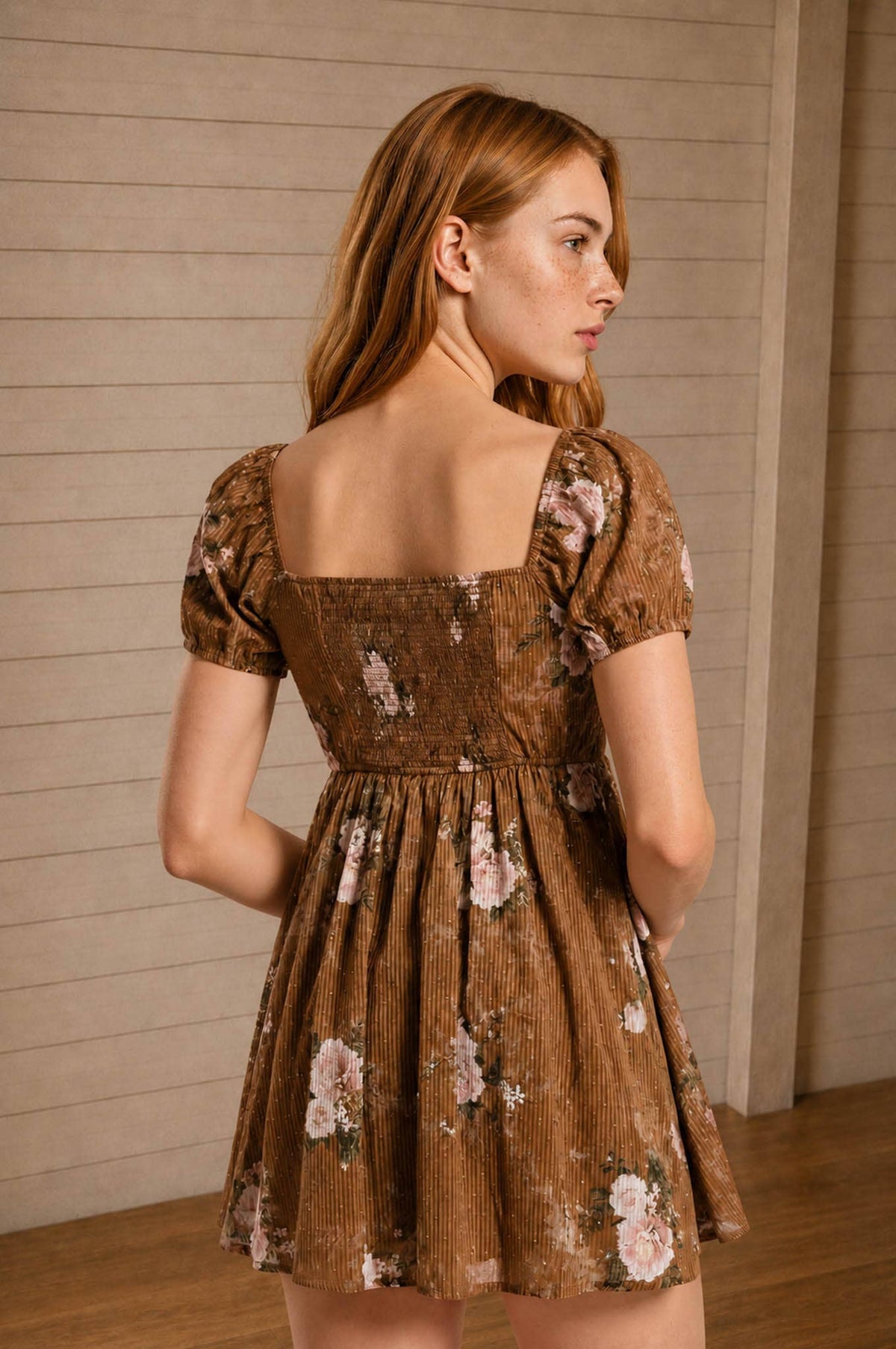 FLORAL STRIPE CLIP DOT SWEETHEART CORSET MINI DRESS : BROWN MULTI