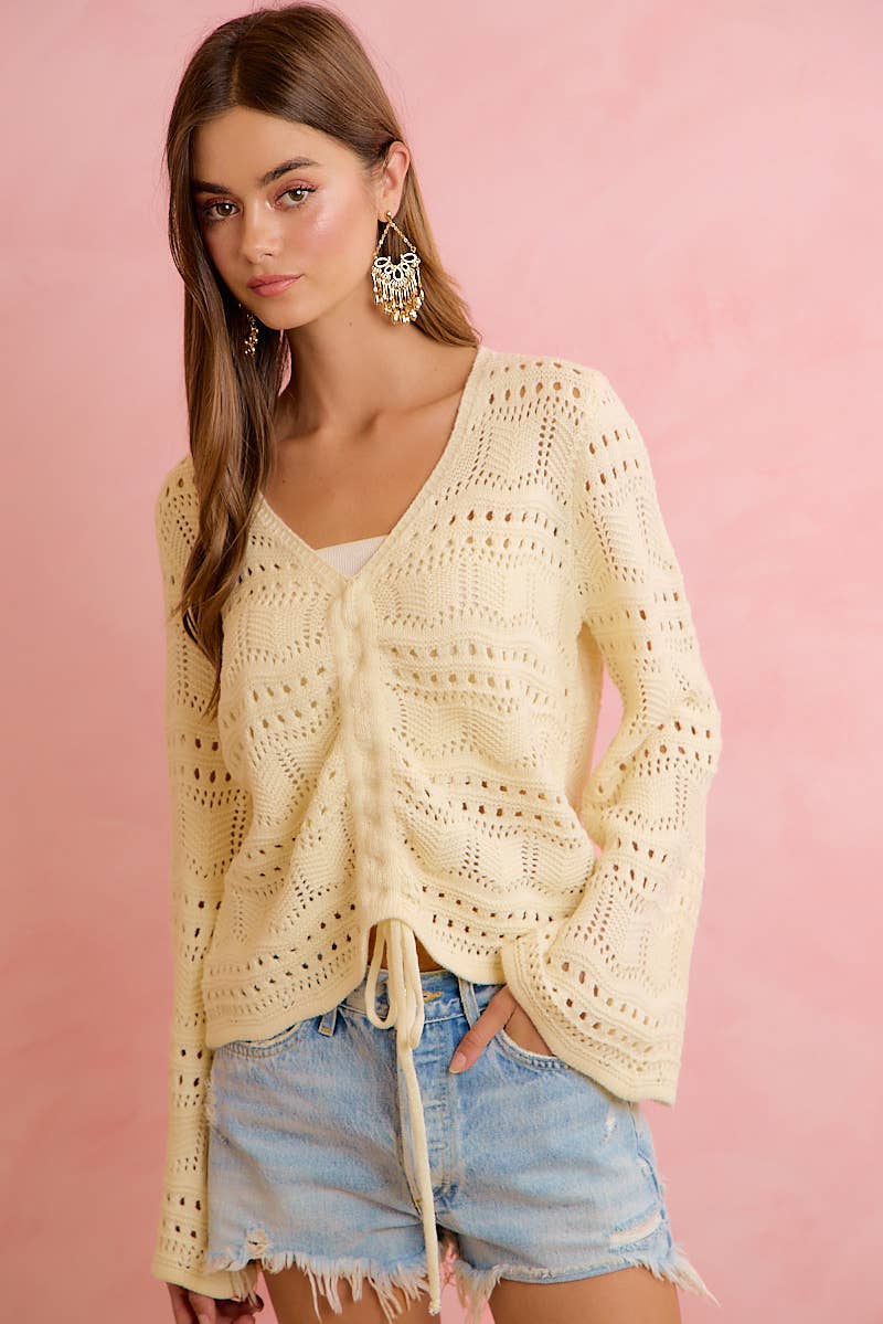 POINTELLE KNIT V NECK RUCHED FRONT LIGHTWEIGHT TOP: IVORY / L