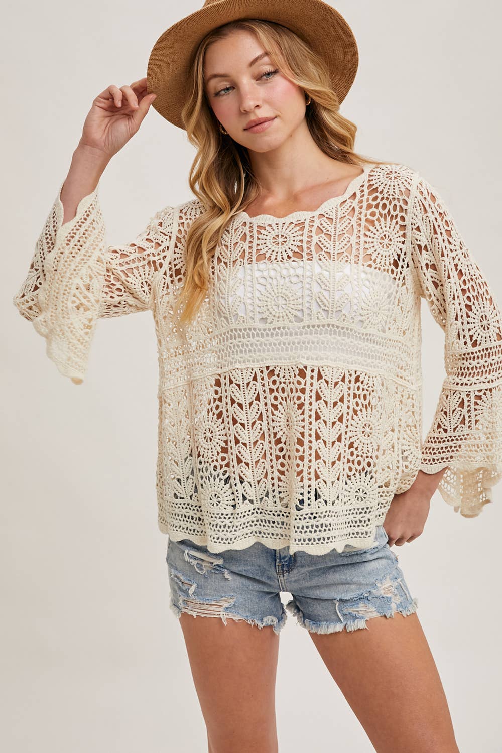 CROCHET SHEER BELL-SLEEVE PULLOVER TOP: NATURAL / M