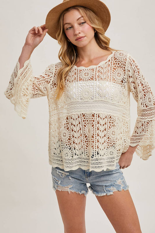 CROCHET SHEER BELL-SLEEVE PULLOVER TOP: NATURAL / M