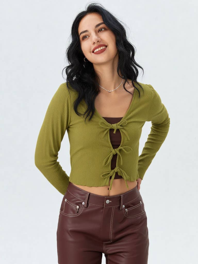 VT15148-3-Strap Tie V Neck Crop Top: AVOCADO / S-M-L/2-2-2