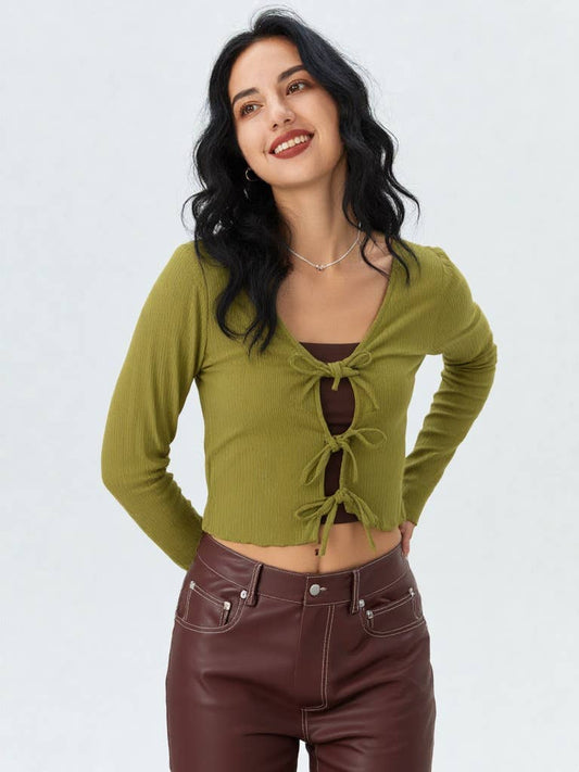 VT15148-3-Strap Tie V Neck Crop Top: AVOCADO / S-M-L/2-2-2