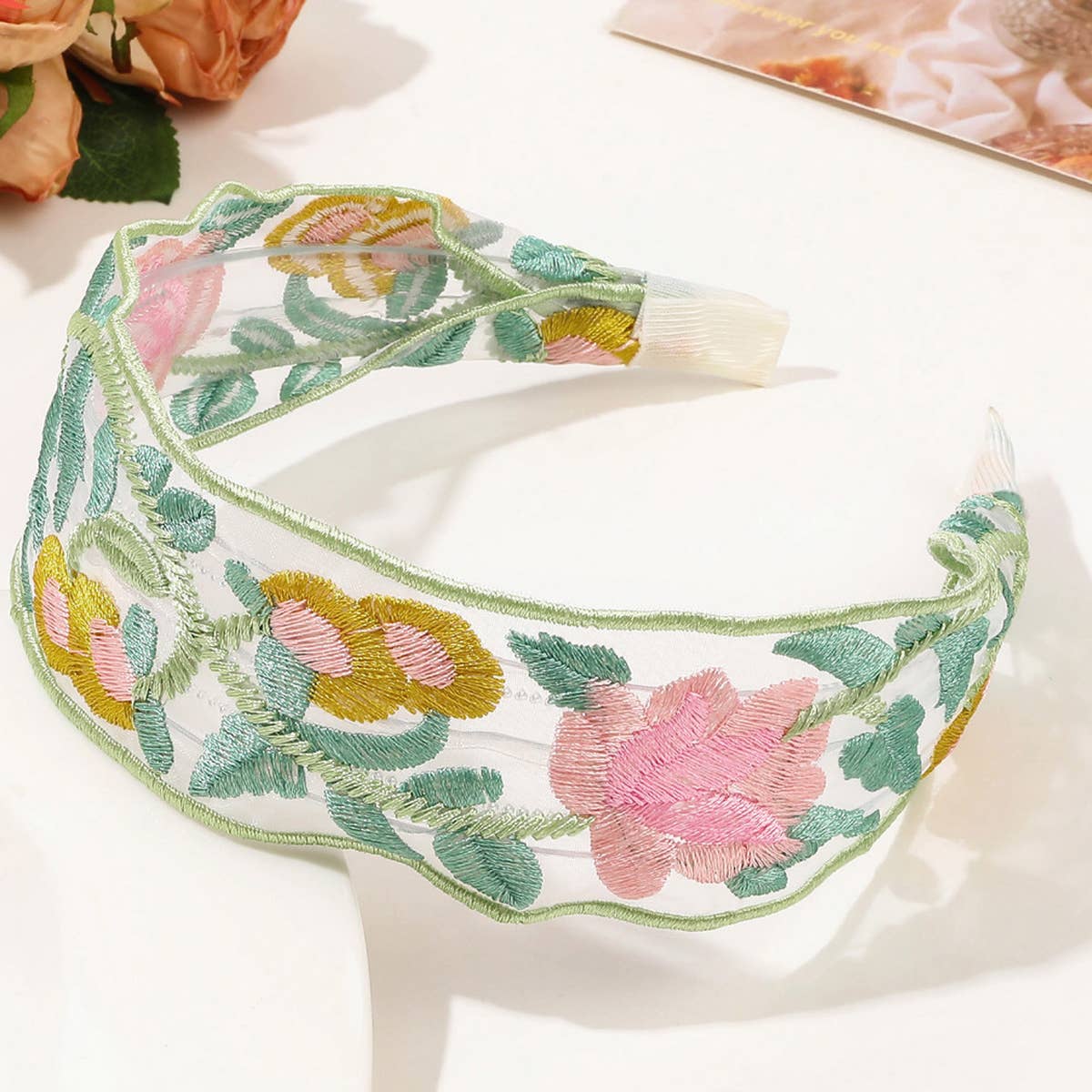 MESH EMBROIDERED FLOWER HEADBAND_CWAHA1651: Green / (OS) 3
