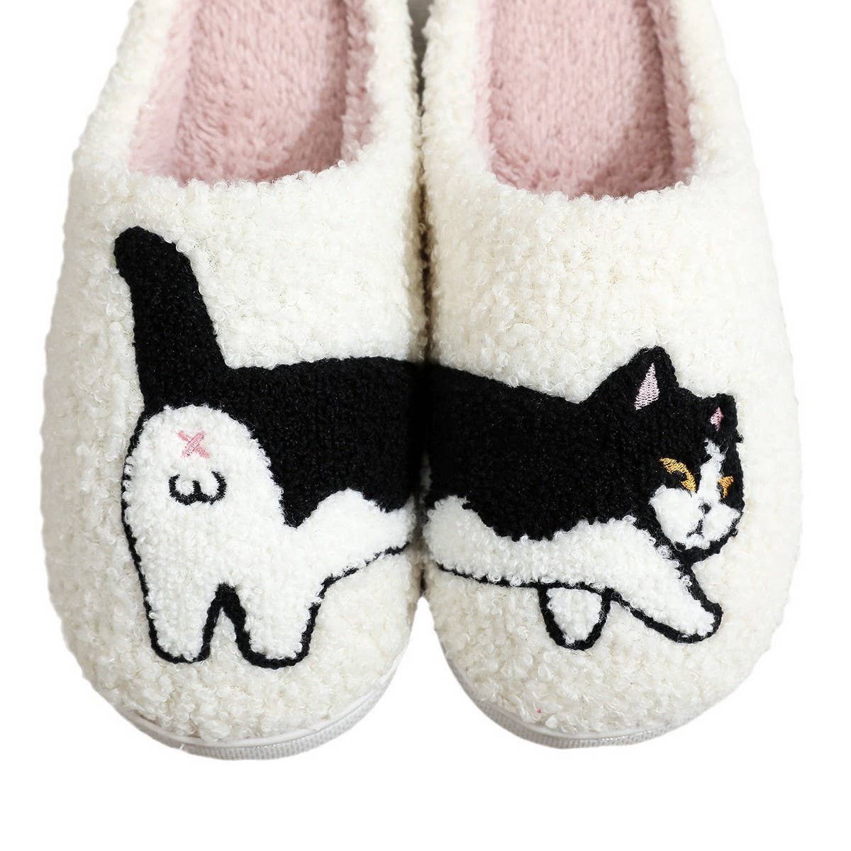 FUNNY EGG CAT EMBROIDERED COTTON SLIPPERS_CWSHS0859: White / (7) 1