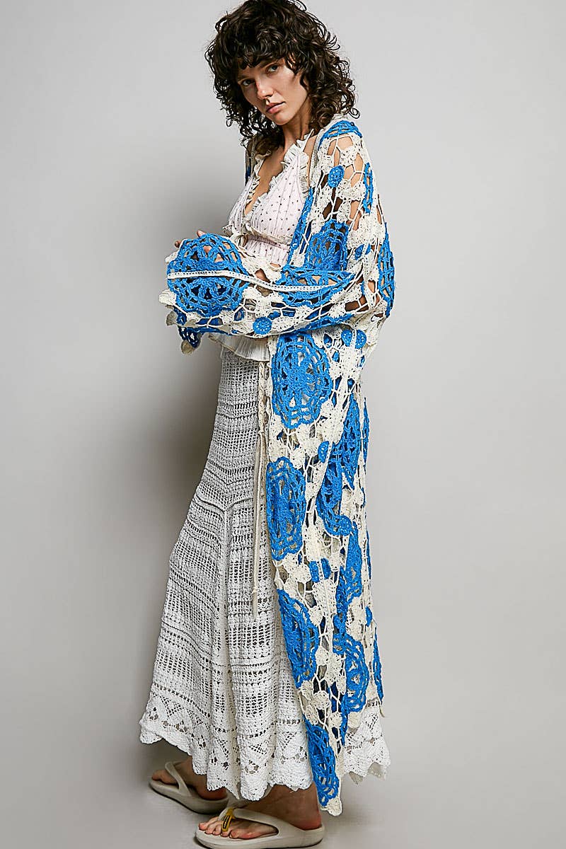 Maxi Long Sleeve Crochet Open Cardigan: BLUE MULTI / OS