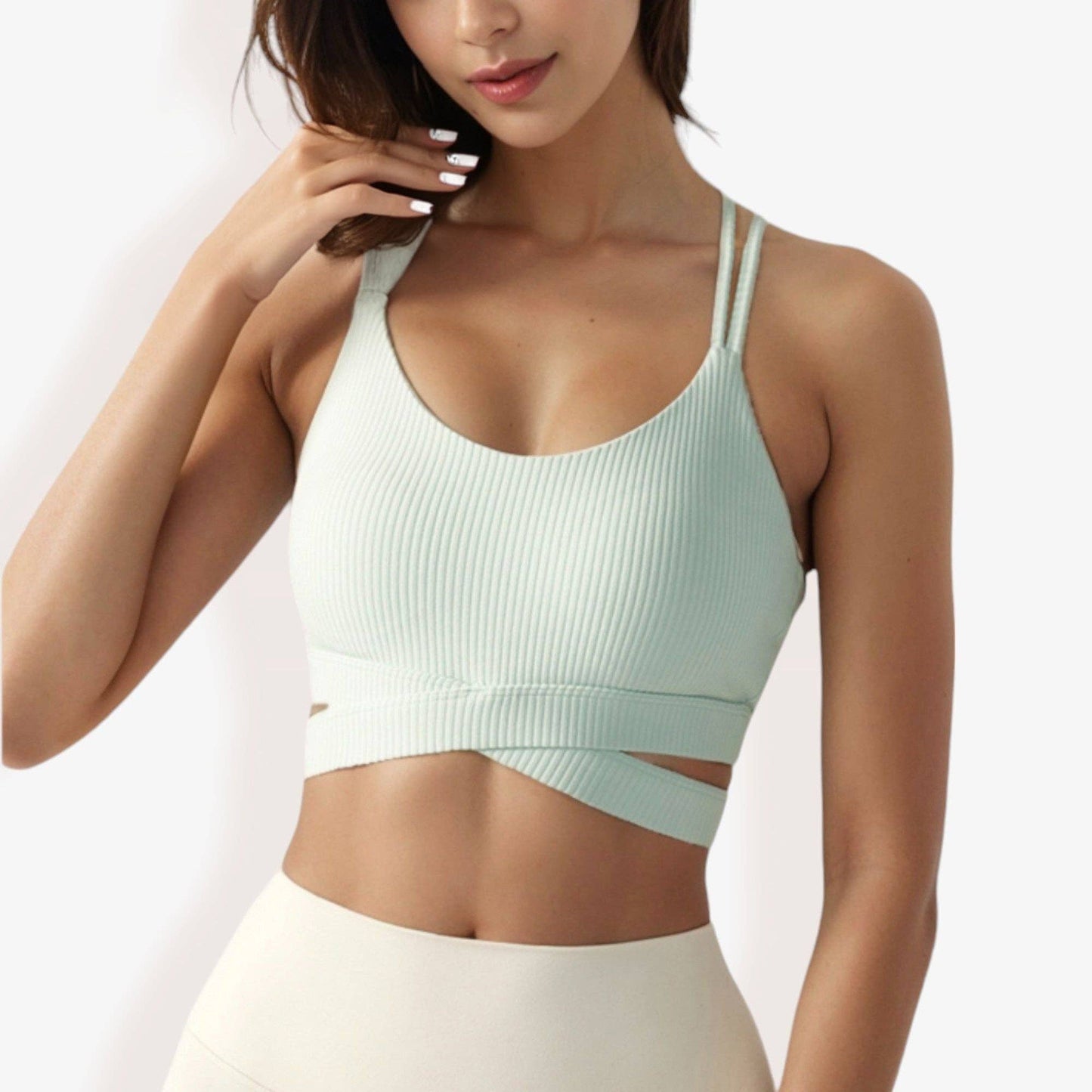 Ribbed Cross Strap Sports Bra with Double Strap Detail: Beige / Large 12-14