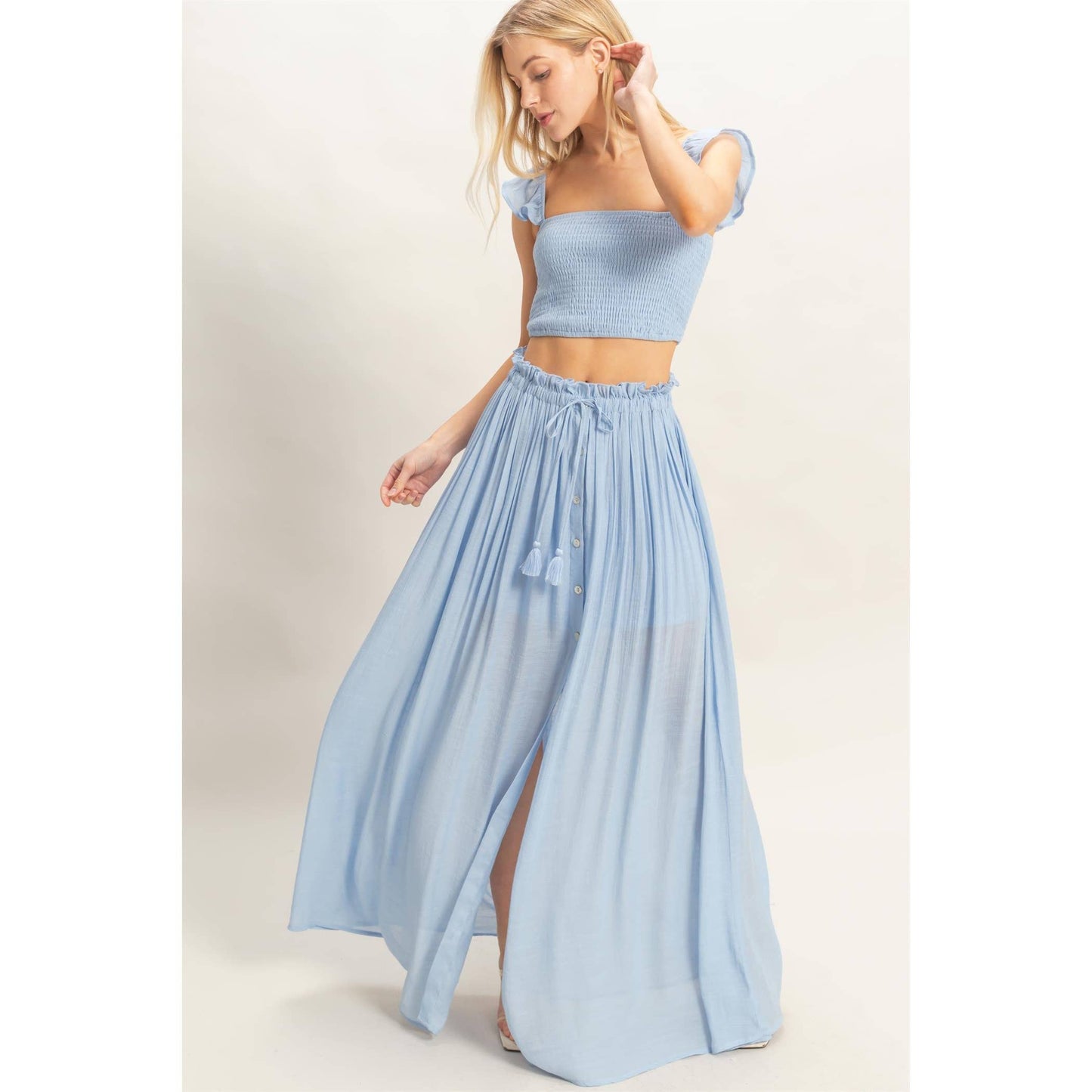 Smocked Top & Maxi Skirt Set: POWDER BLUE / S-M-L(2-2-2)