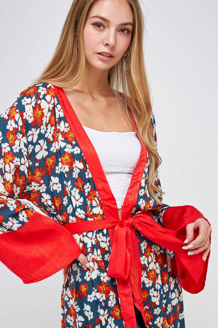 Red Trim Floral Long Kimono Cardigan: TEAL RED / S/M