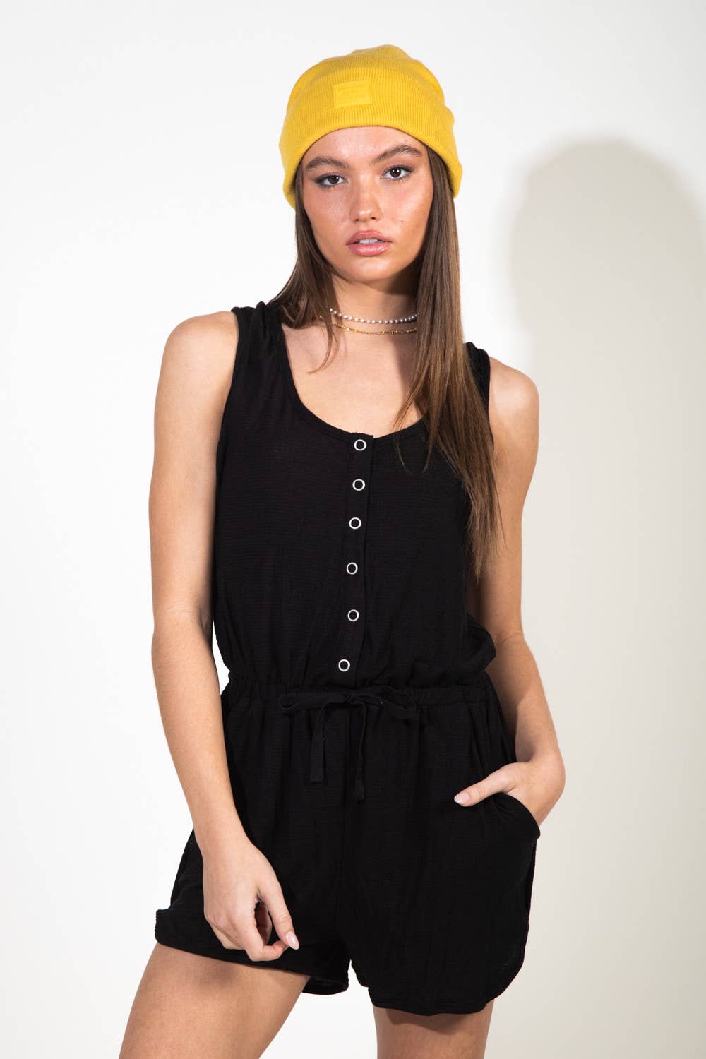 NP70002-Metal snap button down romper: MOCHA / S-M-L/2-2-2
