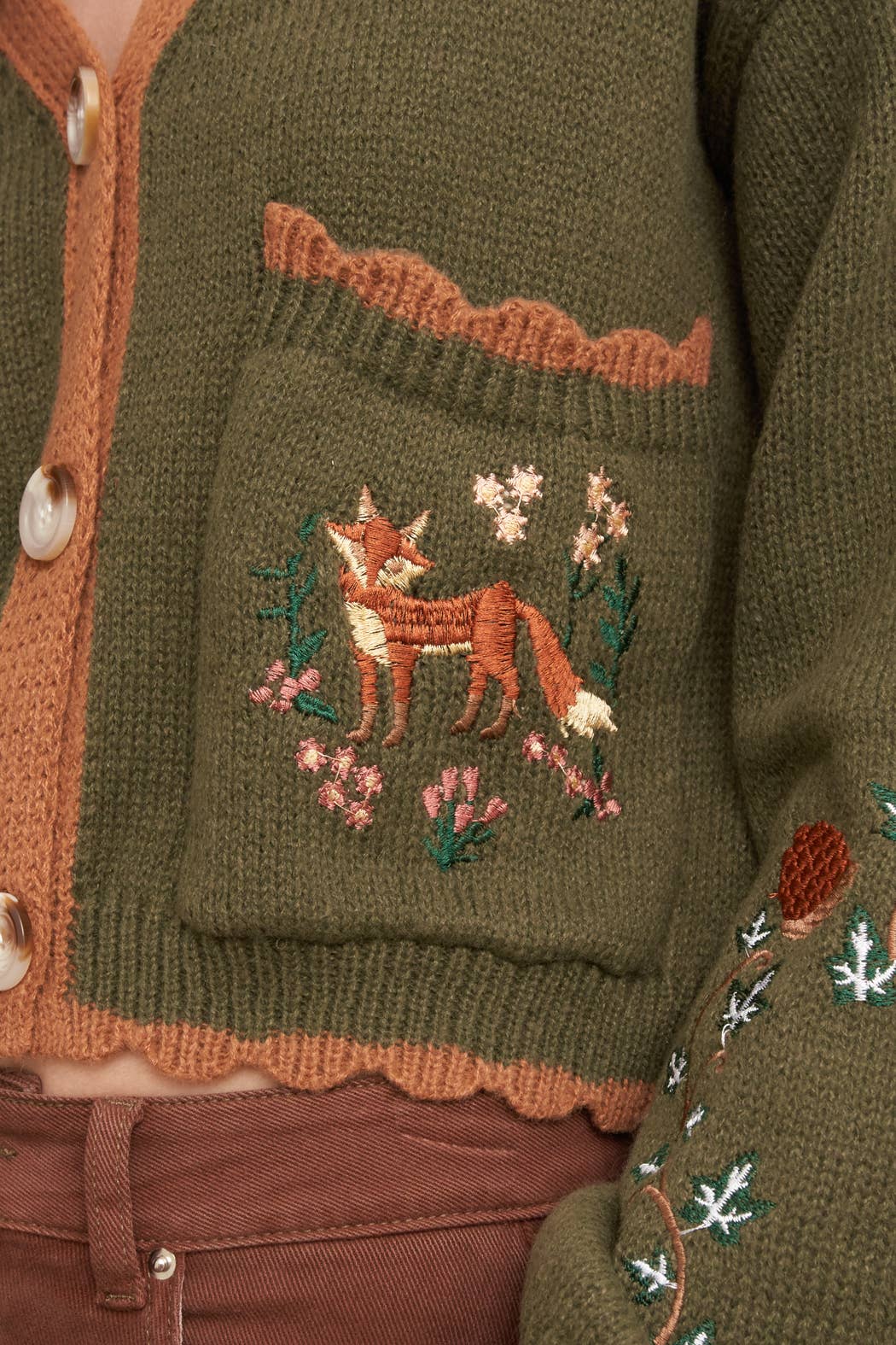 Fox Embroidered Long Sleeve Sweater Cardigan: Brown / M/L