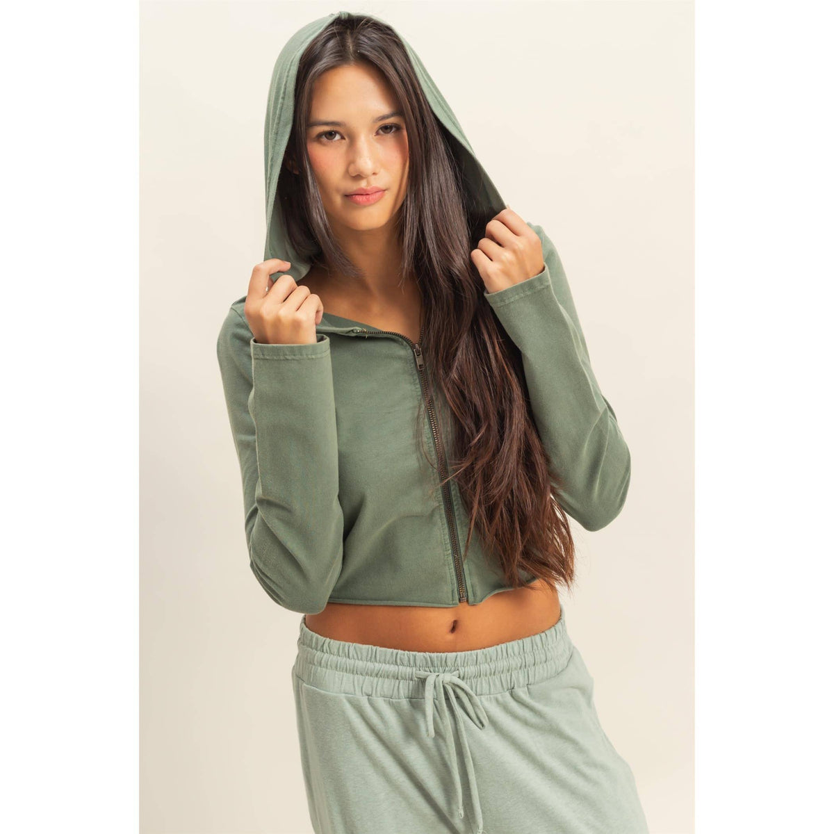 Zip Up Cropped Hoodie: BLACK / S-M-L(2-2-2)
