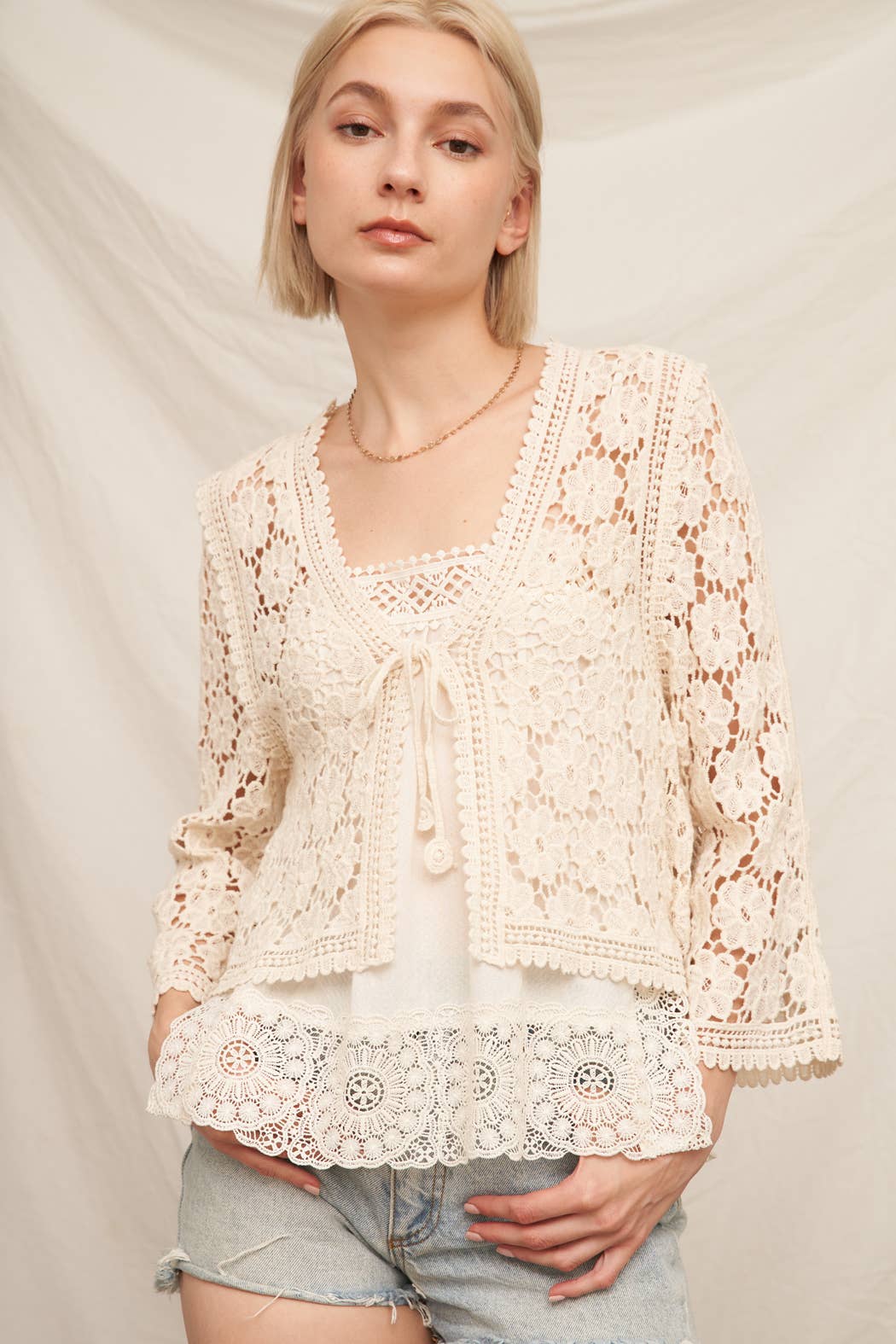 Floral Crochet Tie Front Cardigan: Natural / M/L