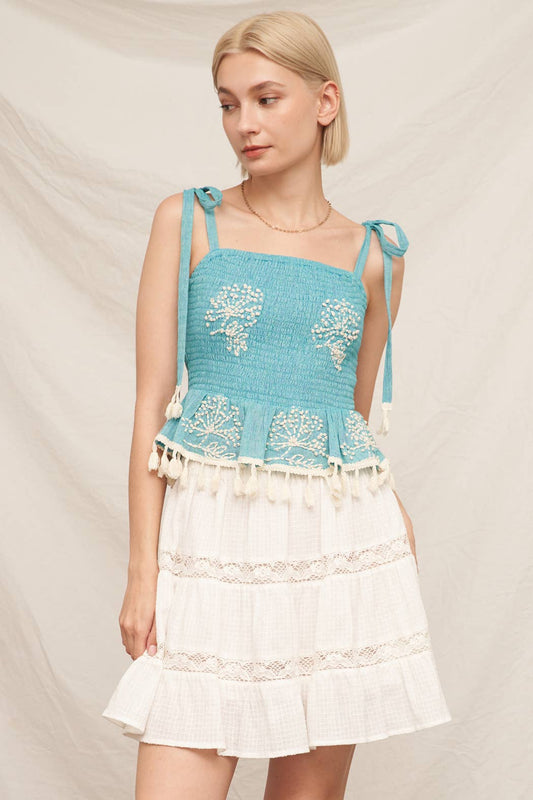 Adjustable Shoulder Tie Smocked Top: Mint Ivory / M