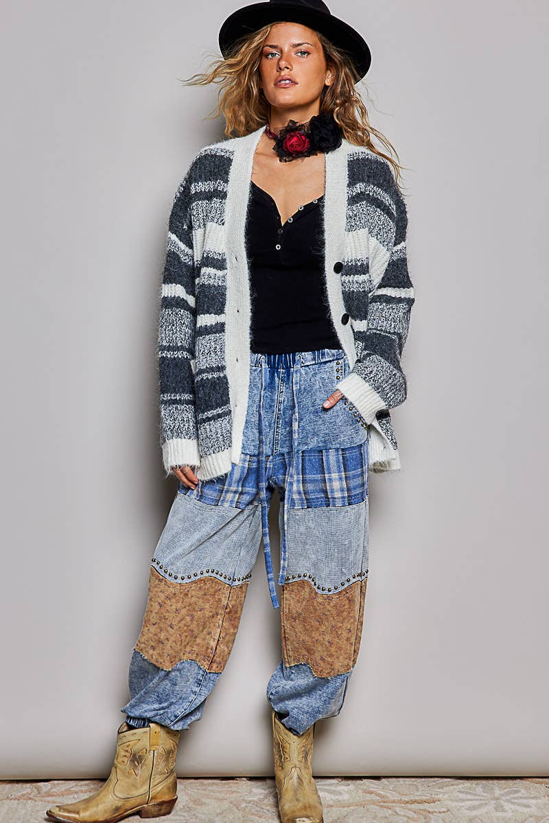 Striped Knit Oversized V-Neck Button Pockets Cardigan SALE: BLACK MULTI / OS