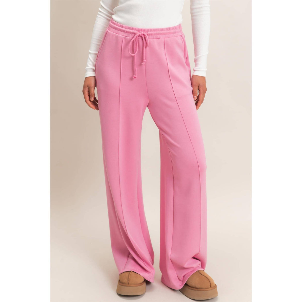Drawstring Waist Pintuck Wide Leg Pants: COCOA / S-M-L(2-2-2)