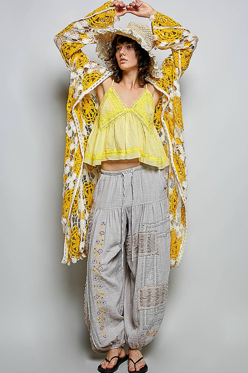 Maxi Long Sleeve Crochet Open Cardigan: BLUE MULTI / OS