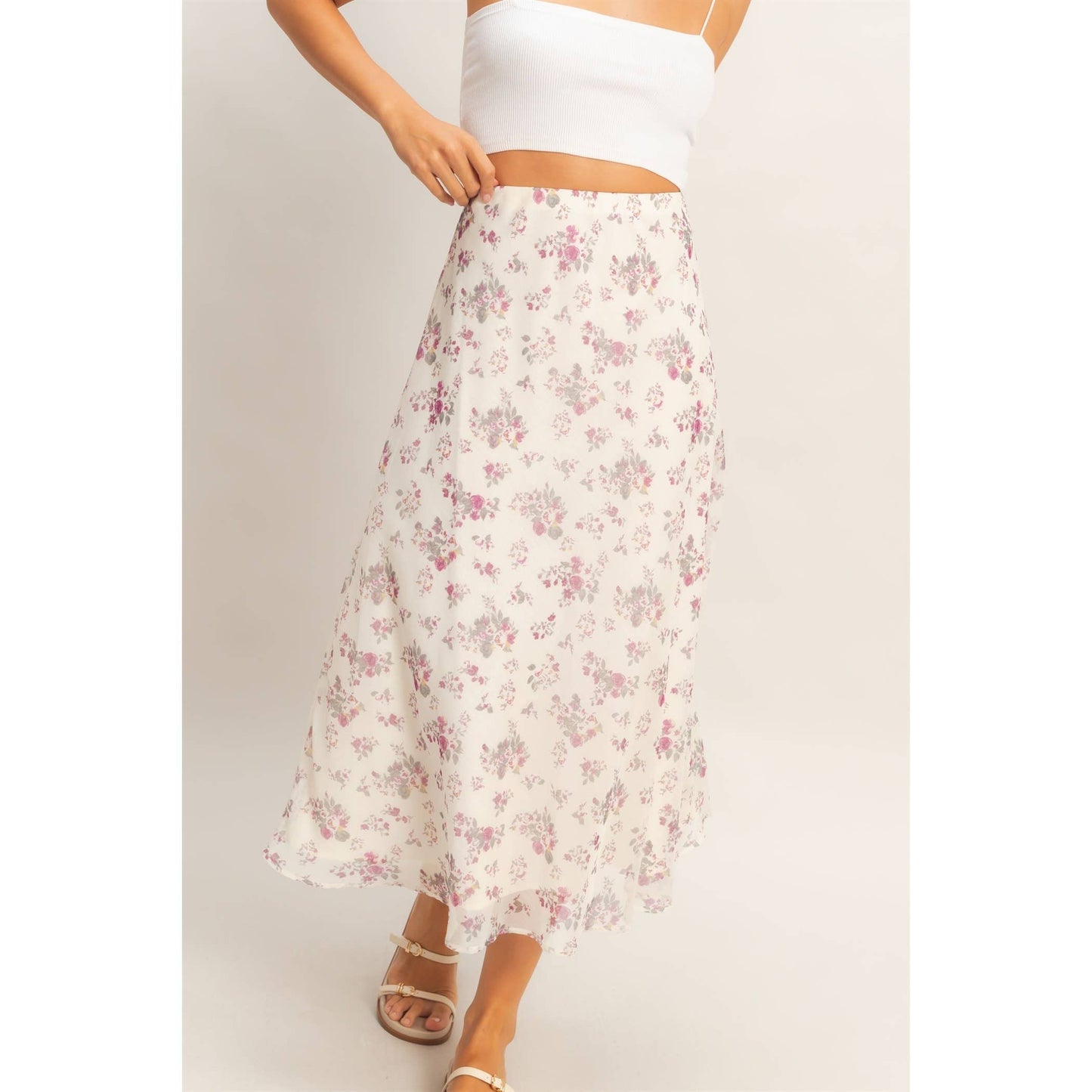 Floral Print Bias Skirt: BROWN / S-M-L(2-2-2)