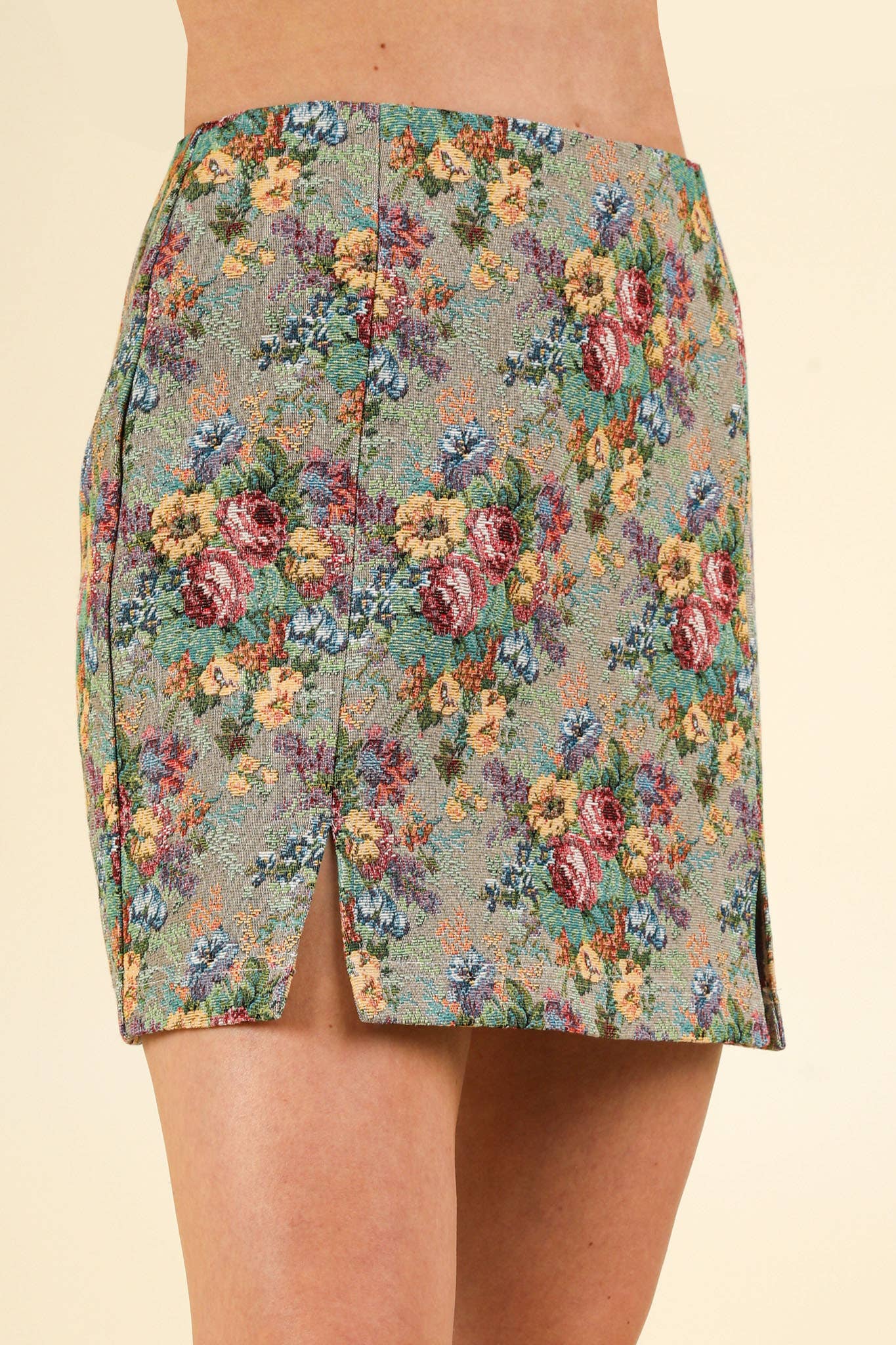 NS50105-Floral Jacquard Fabric Holiday Mini Skirt: BEIGE MIX / S-M-L/2-2-2