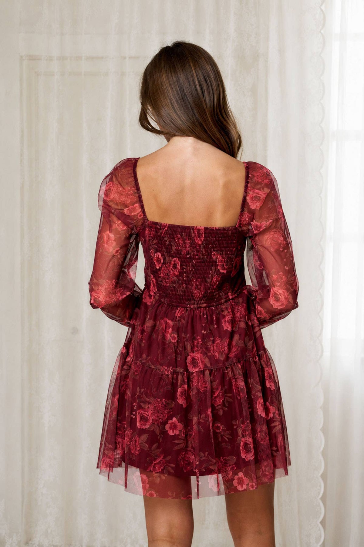 FLORAL CHIFFON LONG SLEEVE CORSET MINI DRESS: BURGUNDY MULTI