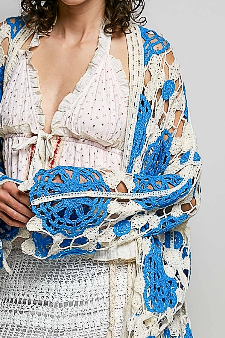 Maxi Long Sleeve Crochet Open Cardigan: BLUE MULTI / OS