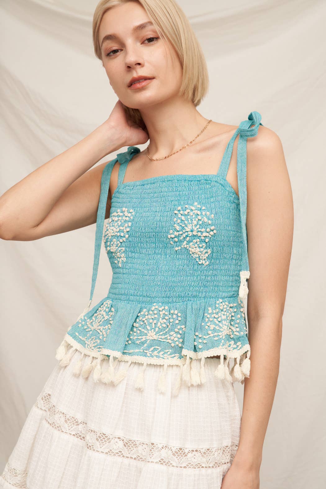 Adjustable Shoulder Tie Smocked Top: Mint Ivory / L