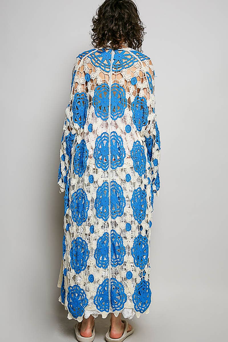 Maxi Long Sleeve Crochet Open Cardigan: BLUE MULTI / OS