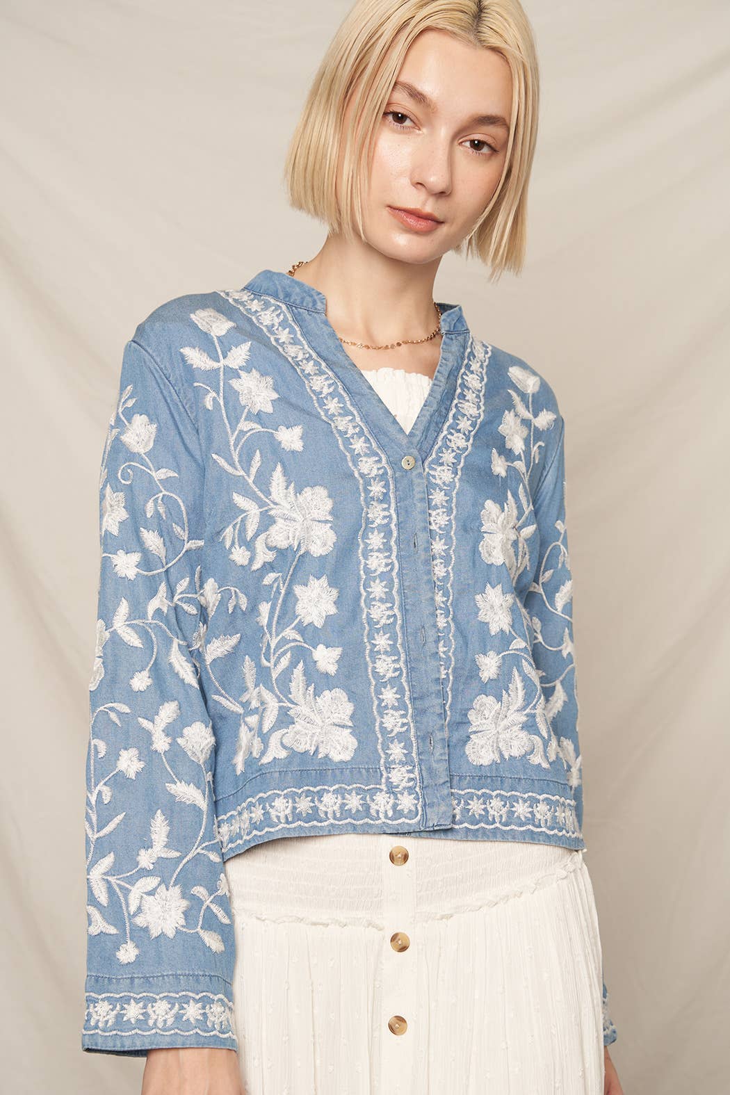 Long Sleeve Embroidered Denim Button Down Top: Dark Denim / M/L