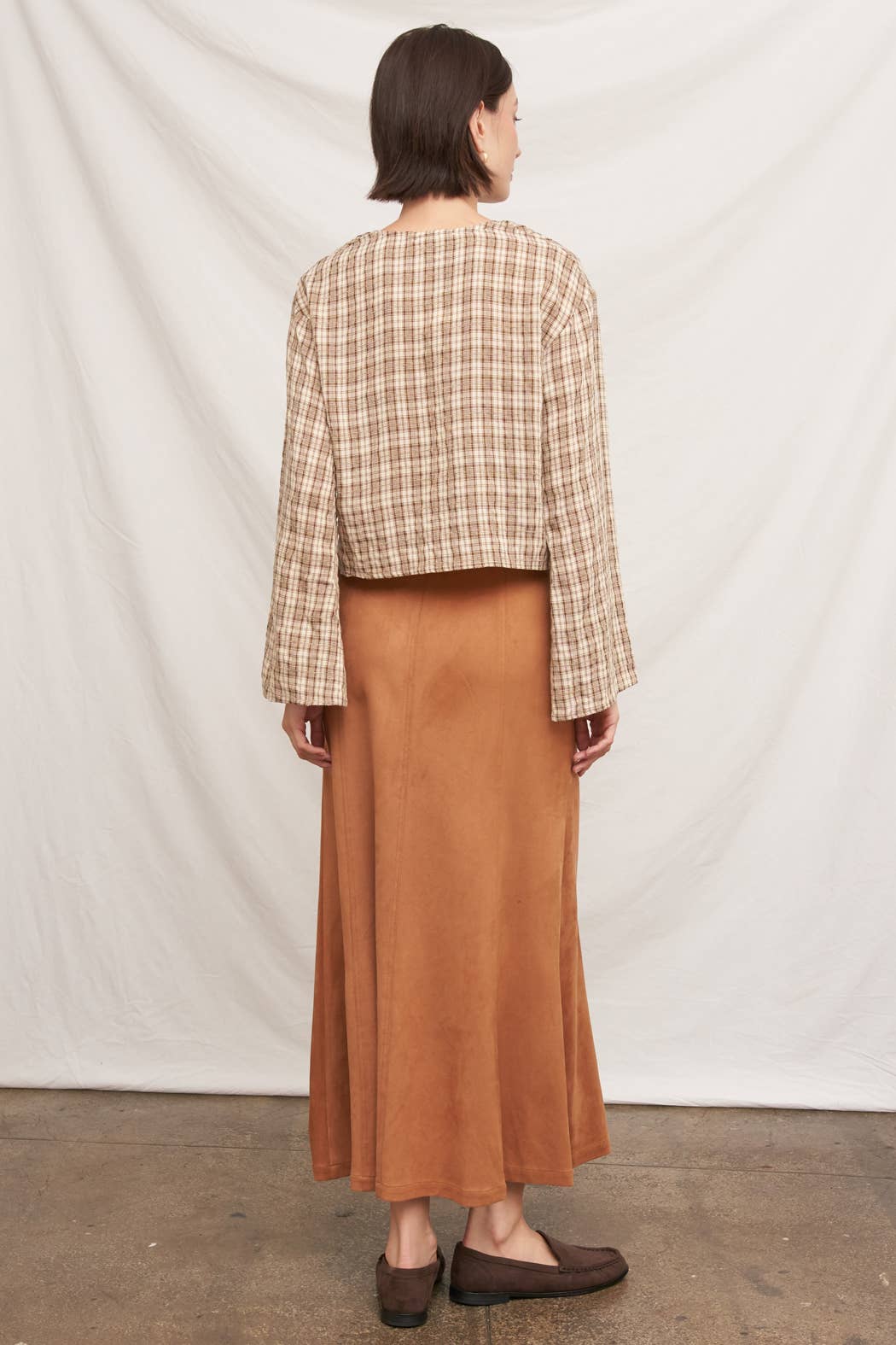 Tie Front Long Sleeve Plaid Blouse: Blue / M