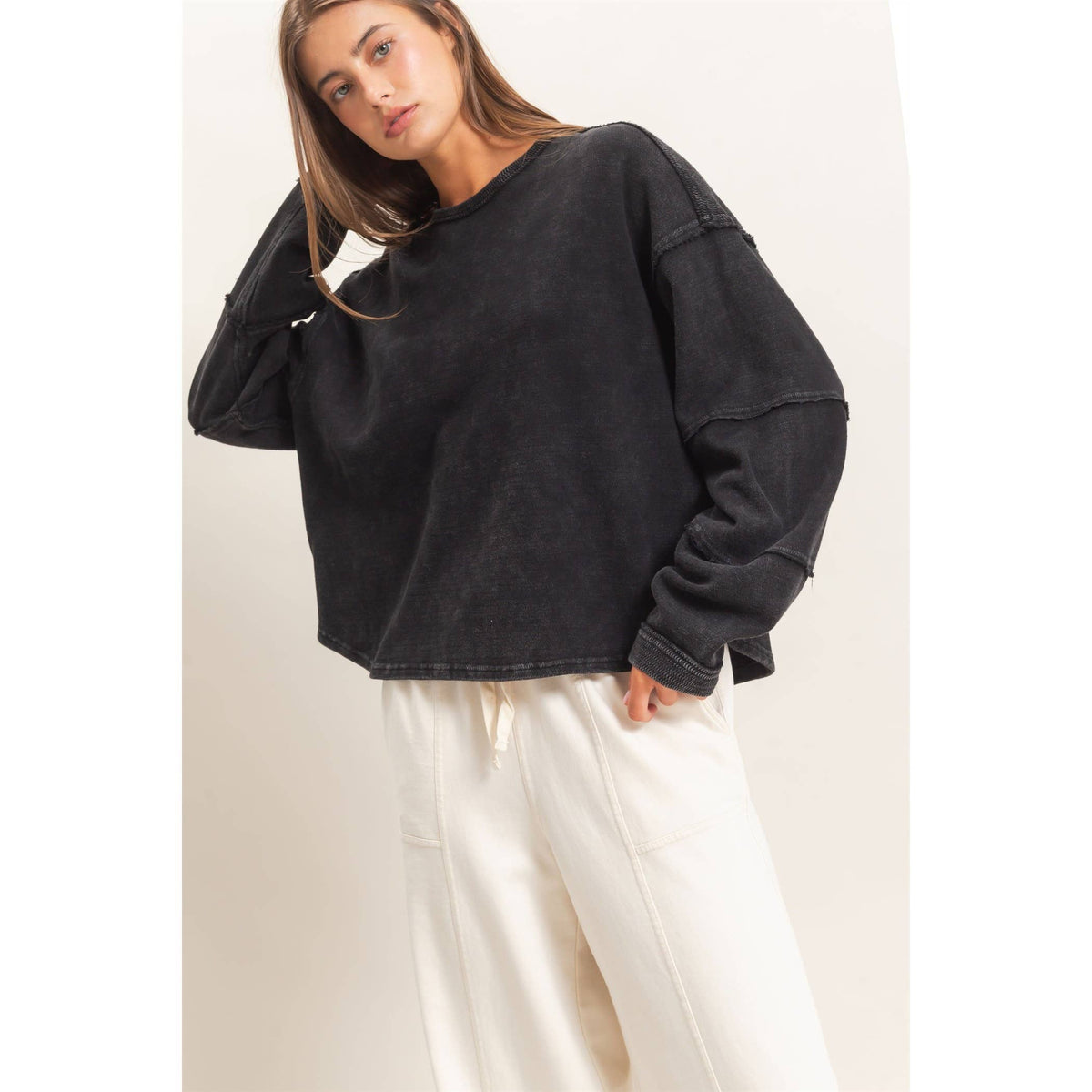 Mineral Wash Overzised Raw Edge Crew Neck Top: DARK RED / S-M-L(2-2-2)