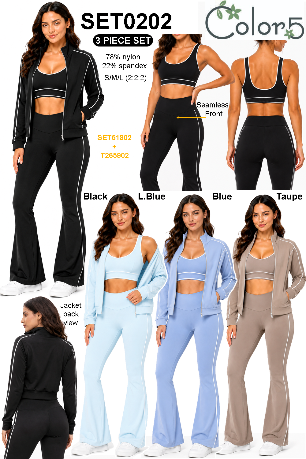 Activewear 3pcs set w/sports bra and jacket and flare pants: Black