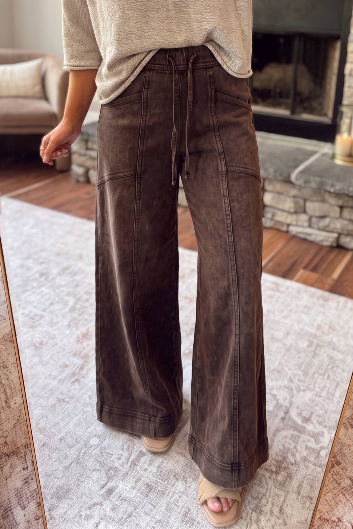 66 Hot Mineral Wash Seam Flare Leg Drawstring Pants (S-XL): Jungle Green / L