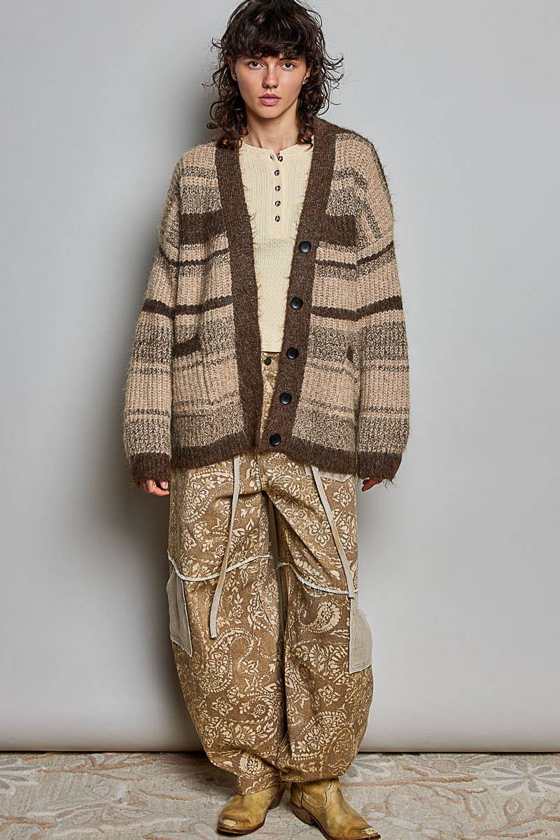 Striped Knit Oversized V-Neck Button Pockets Cardigan SALE: BLACK MULTI / OS