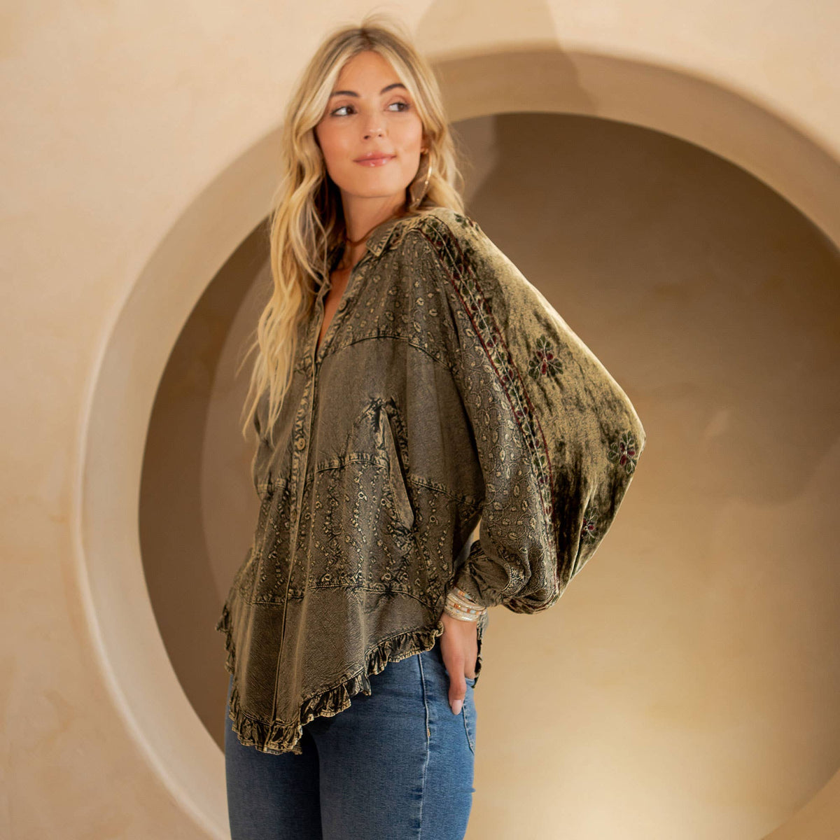 Bohemian Elegance: Stonewashed Rayon Top: Olive / REGULAR (S-M-L-XL-1-2-2-1)