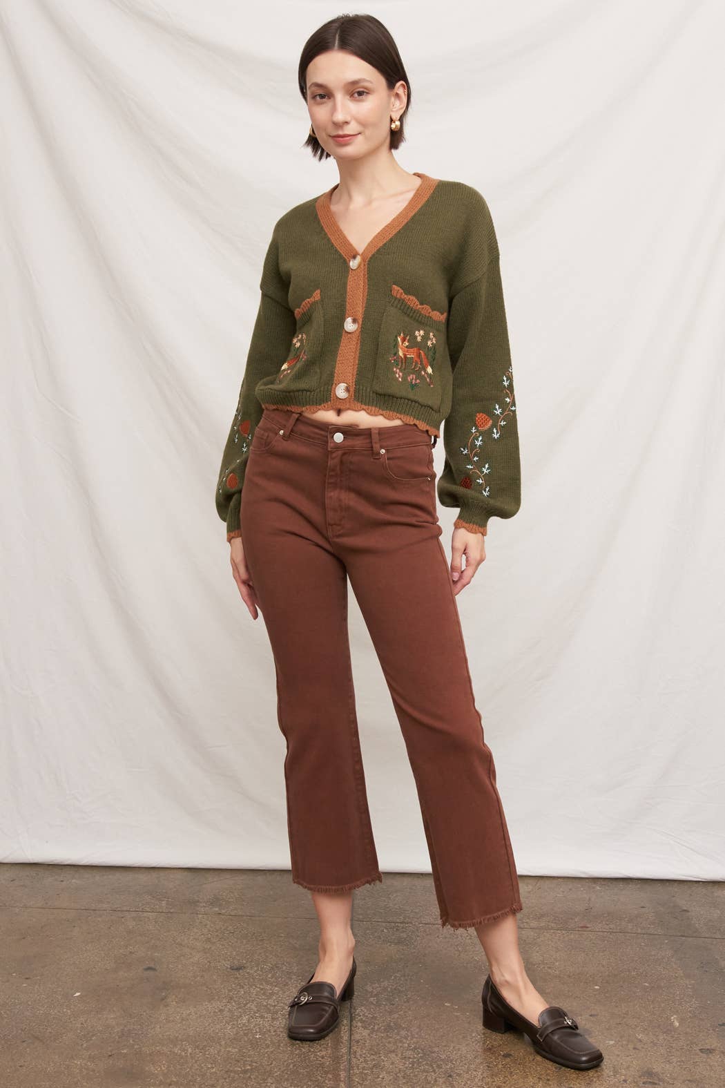 Fox Embroidered Long Sleeve Sweater Cardigan: Brown / M/L