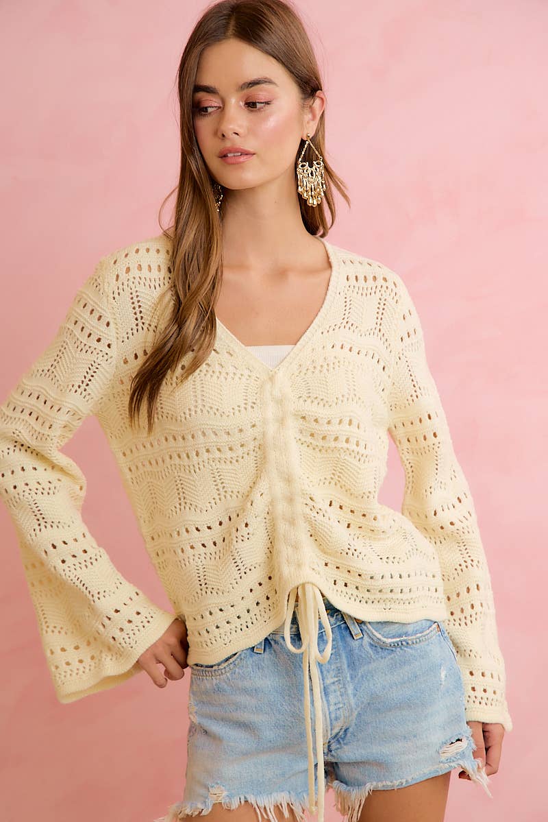 POINTELLE KNIT V NECK RUCHED FRONT LIGHTWEIGHT TOP: IVORY / L