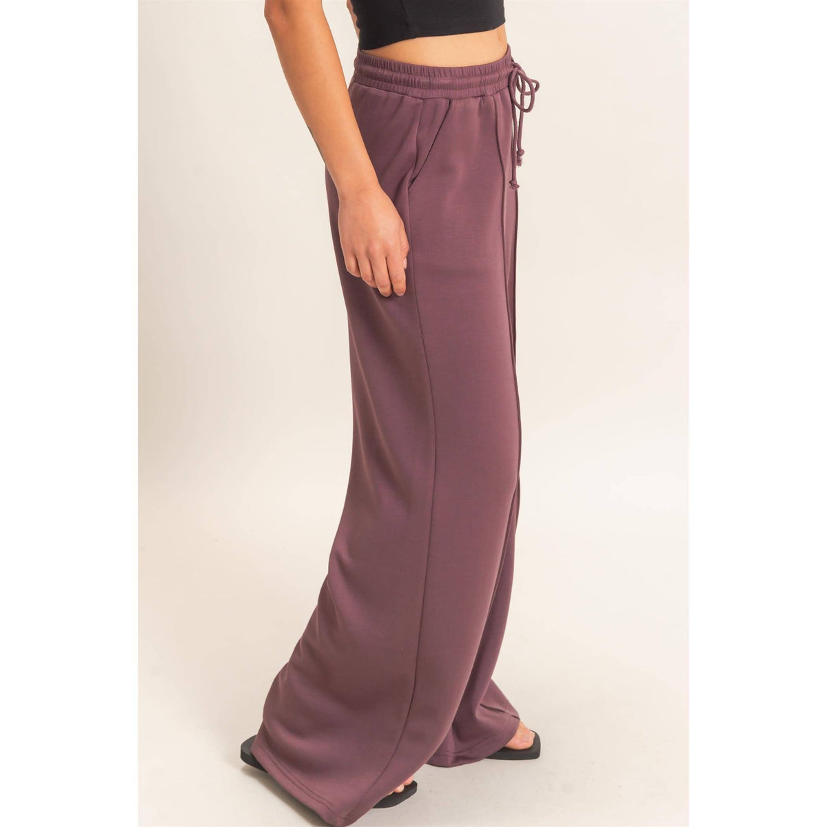 Drawstring Waist Pintuck Wide Leg Pants: COCOA / S-M-L(2-2-2)