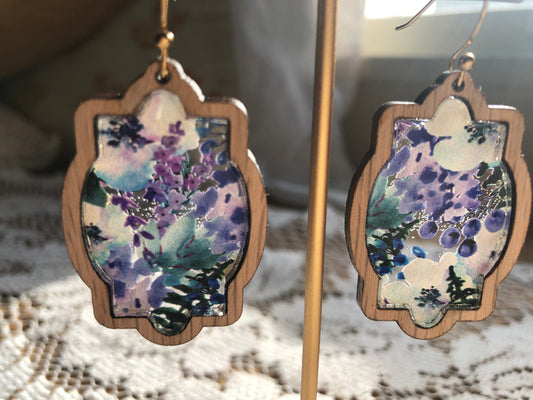 Violet window with gold earring hooks